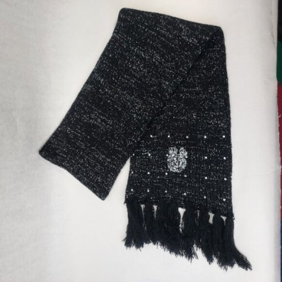 Disney Parks Winter Scarf Minnie Mickey Mouse Head Black Silver Sparkle Knit 75" - Picture 2 of 8